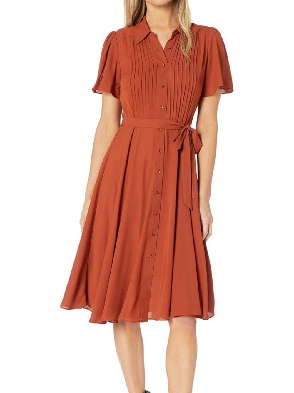 Nanette Lepore 
Rust Button-Front Midi Dress with Tie Waist Sz 10